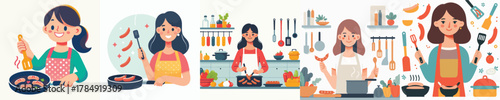 vector of woman frying sausage