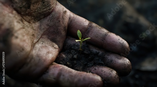 Farmers Hand with Seedling in Soil During Challenging Weather Conditions