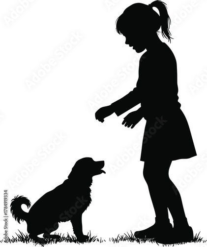Silhouette of little girl training dog, child and pet friendship, obedience, love, care, loyalty, outdoor play, companionship, trust, bond