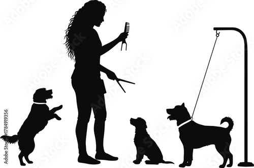 Silhouette of woman grooming dogs, pet care, animal grooming, dog salon, hygiene, training, love, obedience, companionship, professional pet service