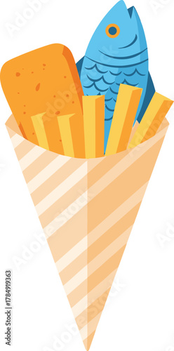 Blue fish and chips in a striped paper cone food meal