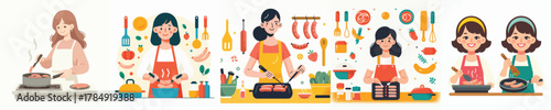 vector of woman frying sausage