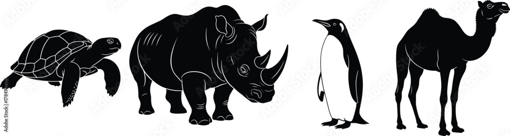 Naklejka premium Turtle, rhinoceros, penguin, camel silhouette, black and white animal illustration, wildlife graphic, desert creature art, reptile bird mammal sketch