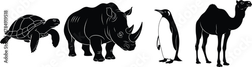 Turtle, rhinoceros, penguin, camel silhouette, black and white animal illustration, wildlife graphic, desert creature art, reptile bird mammal sketch