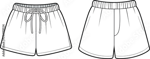 Technical flat sketch of shorts front and back view, elastic waistband, drawstring design, garment construction drawing, fashion illustration, apparel vector