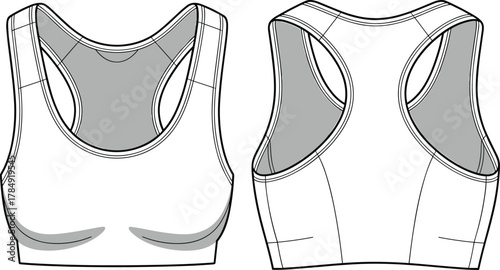 Technical flat sketch of sports bra front and back view, racerback design, activewear garment drawing, fashion illustration, apparel vector template
