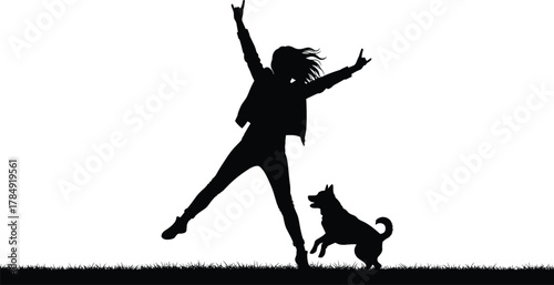 Silhouette of happy woman playing with dog outdoors, joyful moment, friendship, fun, energy, love, pet companionship, lifestyle, nature