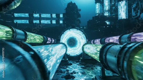 Futuristic scene with glowing tubes a portal  structures set in dark blue