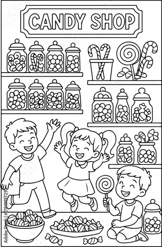 hand drawn vector doodle illustration of Candy Shop coloring page for kids line art