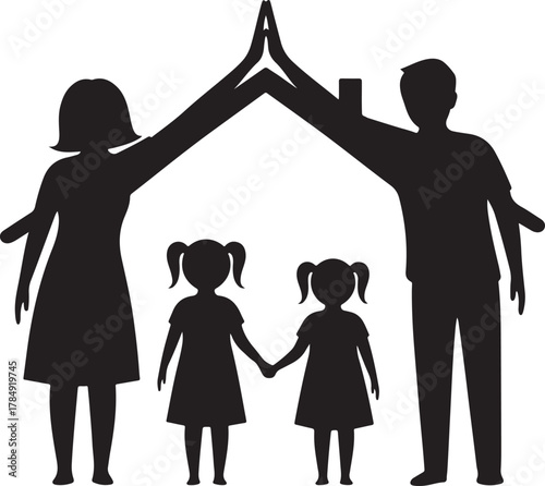 Happy Family Under Roof Silhouette Vector – Parents and Kids Playing Ball, Home Protection Icon