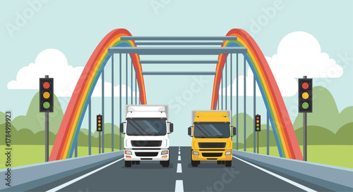 Two trucks, one white and one yellow, drive on a bridge adorned with a vibrant rainbow arch, traffic lights guiding their way