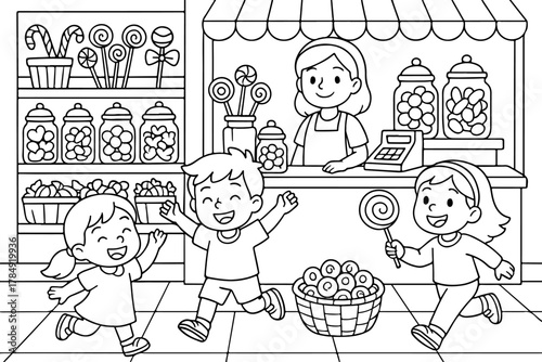 hand drawn vector doodle illustration of Candy Shop coloring page for kids line art