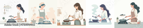 vector woman frying fish