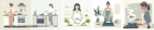vector woman frying fish