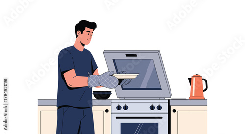 Man wearing oven mitts places plate inside modern kitchen oven, preparing a delicious meal