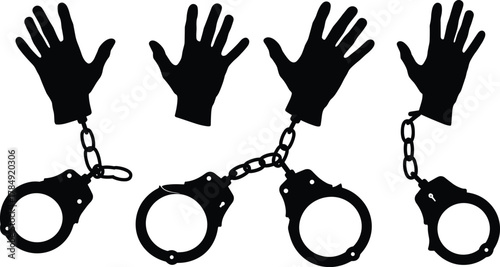 Silhouette of hands in handcuffs, crime punishment concept, justice and law enforcement vector illustration, freedom restriction symbol design