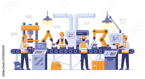 Skilled workers and advanced robots collaborate seamlessly on an automated assembly line, modernizing manufacturing processes for peak efficiency
