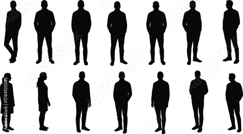 Silhouette of standing people group, men and women vector illustration, modern crowd concept, teamwork, business community human figures design