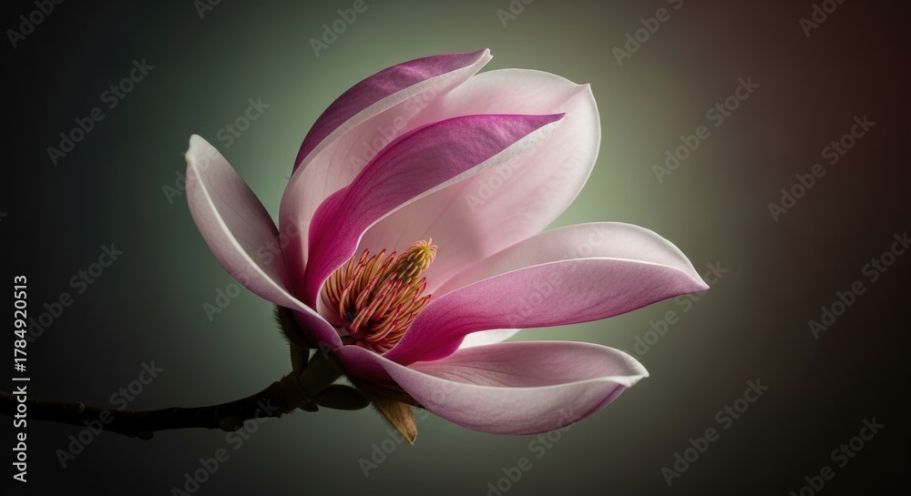 Fototapeta premium Elegant pink magnolia flower in bloom. Macro detail of delicate petals and stamen. Springtime floral concept for wellness spa marketing. Natural beauty and botanical design element