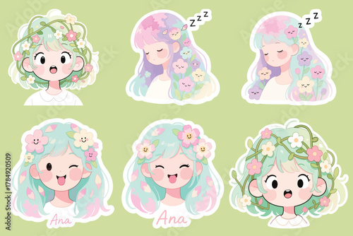 Cute Pastel Girl Character Stickers Vector – Kawaii Floral Hair Illustrations with Adorable Expressions Set