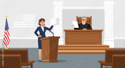 Determined prosecutor presents case to attentive judge in formal courtroom with American flag backdrop