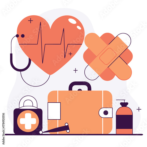 First Aid Essentials Flat Vector Illustration Healthcare Medicine Emergency Kit Heartbeat Stethoscope Bandage Case Antibacterial Gel Medical Assistance