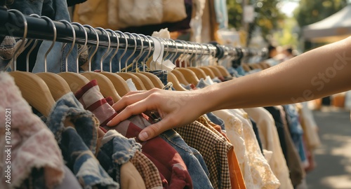 Hand selecting vintage clothing on a rack at a flea market stall
