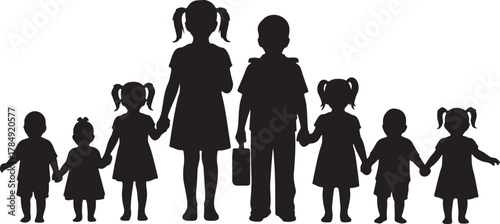 Children Holding Hands Silhouette Vector – Group of Kids in Row, School and Kindergarten Clipart