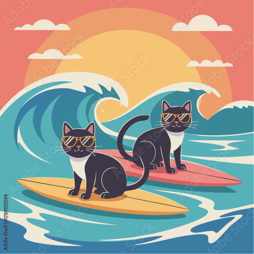 Two cool cats surfing epic waves at sunset, radiating summer vibes and beach fun, perfect for pet lovers and travel adventures. Originally a scalable graphic