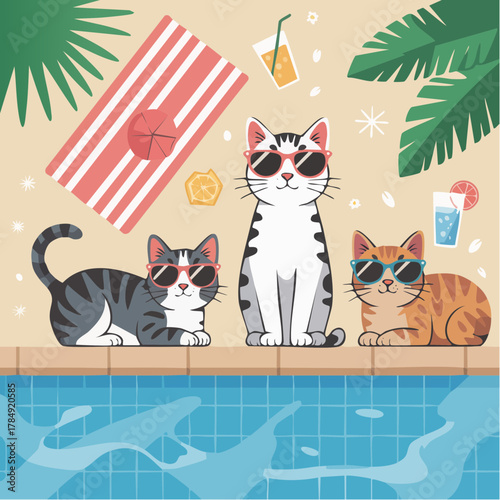 Cool cats chilling poolside in sunglasses, enjoying summer vacation vibes with refreshing drinks and palm trees, perfect for pet lovers and fun designs