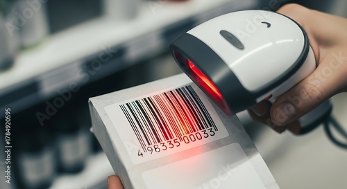 Handheld barcode scanner reading barcode with red light in store environment