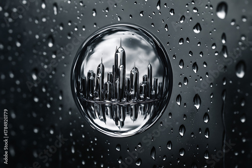 Cityscape in a Lens with Water Droplets
