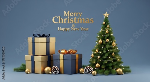 Christmas and New Year celebration with decorated tree and gift boxes