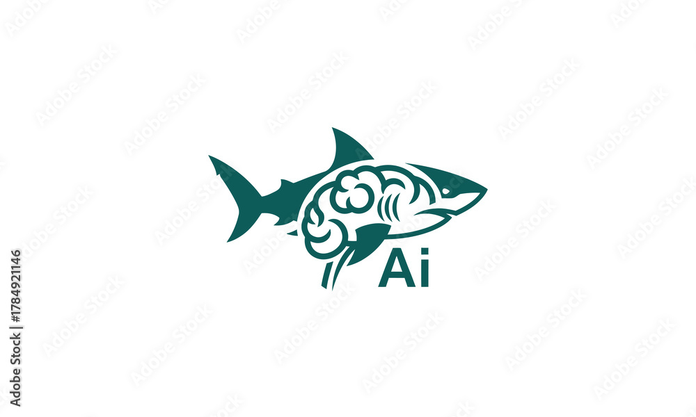 Fototapeta premium Shark ai logo design concept with smart brain symbol, artificial intelligence animal illustration