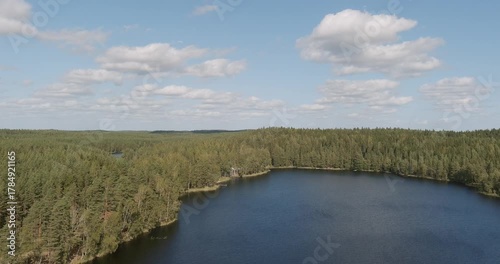 Aerial view of Alinen Niemisjärvi lake in summer with clouds in the sky, Evo recreation area, Finland.