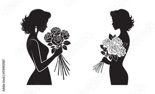 Elegant Woman Holding Rose Bouquet Silhouette. Vector Illustration Eps 10
