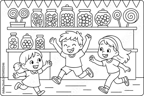 hand drawn vector doodle illustration of Candy Shop coloring page for kids line art