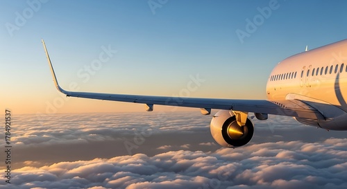 Airplane wing soaring above the clouds during a beautiful sunset flight