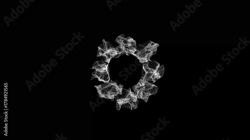 a digital or generative art piece. It depicts a circular, swirling pattern of white dots or particles on a black background.