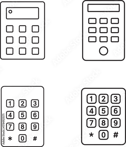 Four hand drawn illustrations of keypads and number pads with different layouts