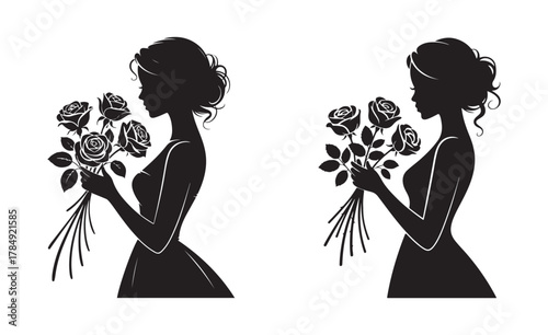Romantic Lady with Roses Silhouette Art Icon Vector Eps 10