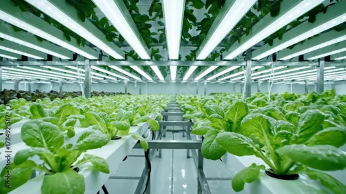 Indoor farm view rows of leafy greens under artificial lighting hydroponic setup and clean industrial environment