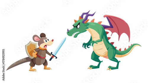 A brave mouse knight holding a sword facing a giant dragon in a medieval cartoon scene
