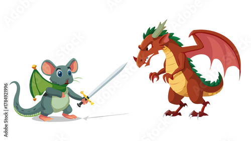 A brave mouse knight holding a sword facing a giant dragon in a medieval cartoon scene
