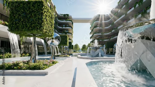 Lush white walkways with waterfalls fountains  greenery between upscale buildings A bridge connects the structures under a bright sky