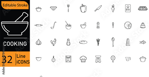 Collection of 32 hand drawn line art cooking and food preparation icons