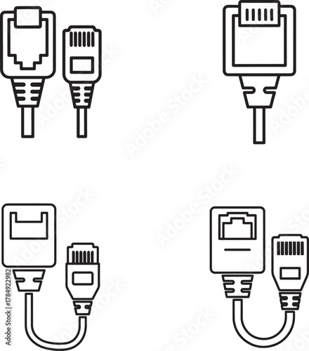 Collection of ethernet network cable connectors and plugs in a clean line art illustration