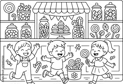 hand drawn vector doodle illustration of Candy Shop coloring page for kids line art