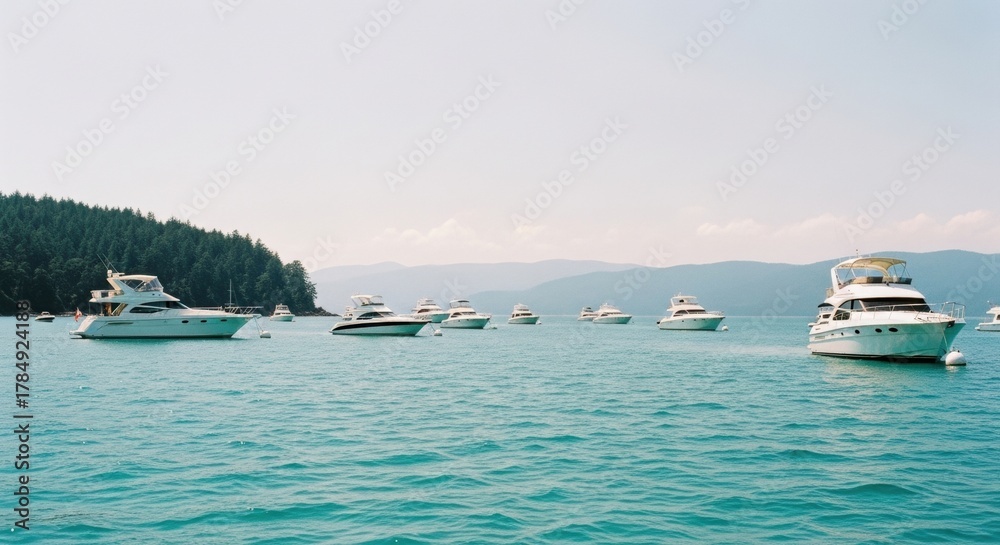 Obraz premium Luxury yachts anchored in a tranquil turquoise bay. Exclusive maritime lifestyle for the wealthy. A fleet of motorboats for a summer social event. Financial success and opulent vacation travel