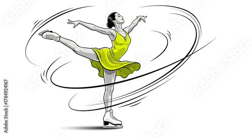 Elegant ice skater gracefully performing on the rink with dynamic flair and beautiful form, perfect for sports, dance, and artistic expression